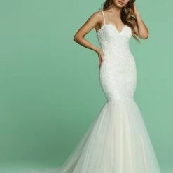 Mermaid Dresses Davinci Bridal 50621 Long Embellished Lace Mermaid Wedding Dress Tulle Gown