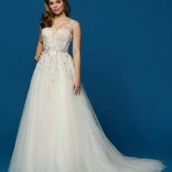 Davinci Bridal 50630 Long A Line Sheer Flower Lace Tulle Wedding Dress Sheer Backless Gown Ballgown Dresses