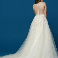 Davinci Bridal 50630 Long A Line Sheer Flower Lace Tulle Wedding Dress Sheer Backless Gown Ballgown Dresses