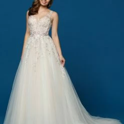 Davinci Bridal 50630 Long A Line Sheer Flower Lace Tulle Wedding Dress Sheer Backless Gown Ballgown Dresses