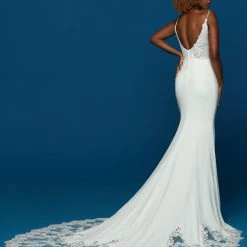 Davinci Bridal 50631 Crepe Sheer Lace Wedding Dress V Neck Train Fit & Flare Gown