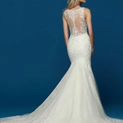 Davinci Bridal 50633 Long Lace Fit & Flare Wedding Dress Train Sheer Open Back Gown