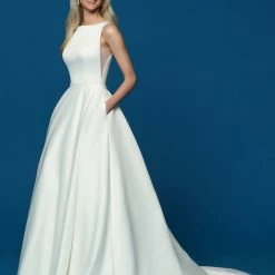 Ballgown Dresses Davinci Bridal 50636 High Neck Satin Ballgown Wedding Dress Pockets Sheer Lace Back Gown