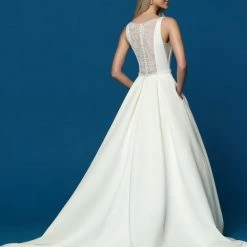 Ballgown Dresses Davinci Bridal 50636 High Neck Satin Ballgown Wedding Dress Pockets Sheer Lace Back Gown