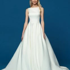 Ballgown Dresses Davinci Bridal 50636 High Neck Satin Ballgown Wedding Dress Pockets Sheer Lace Back Gown