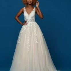 Ballgown Dresses Davinci Bridal 50637 Long A Line Sheer Lace V Neck Wedding Dress Train Floral Gown