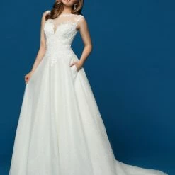 Ballgown Dresses Davinci Bridal 50644 Glitter Tulle Ballgown Wedding Dress Lace Bodice Pockets Train