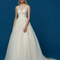 Ballgown Dresses Davinci Bridal 50646 Shimmer A Line Wedding Dress Lace Sheer High Neck Gown Train