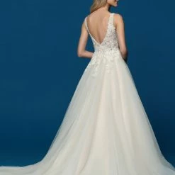 Ballgown Dresses Davinci Bridal 50646 Shimmer A Line Wedding Dress Lace Sheer High Neck Gown Train