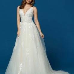 Davinci Bridal 50650 Long A Line Tulle Wedding Dress Sheer Lace Open Back Gown Ballgown Dresses