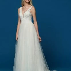 Davinci Bridal 50652 Long Lace A Line Wedding Dress V Neck Boho Gown Hippie Couture