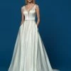 Davinci Bridal 50656 Satin A Line Wedding Dress Bridal Gown V Neckline Embellished Belt