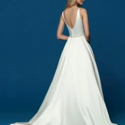 Davinci Bridal 50656 Satin A Line Wedding Dress Bridal Gown V Neckline Embellished Belt