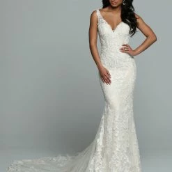In Stock Mermaid Dresses Davinci Bridal 50660 Size 12 Ivory/Blush Fitted Lace Wedding Dress Sheer Straps Bridal Gown