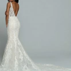 In Stock Mermaid Dresses Davinci Bridal 50660 Size 12 Ivory/Blush Fitted Lace Wedding Dress Sheer Straps Bridal Gown
