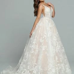 Ballgown Dresses Davinci Bridal 50663 Long Shimmer Ballgown Wedding Dress Pockets V Neck Lace Gown