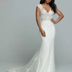 Mermaid Dresses Davinci Bridal 50666 Long Sheer Sequin Mermaid Wedding Dress Lace Train Gown