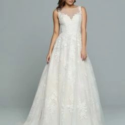 Ballgown Dresses Davinci Bridal 50675 A Line Lace Ballgown Wedding Dress Bridal Gown Sheer High Neck