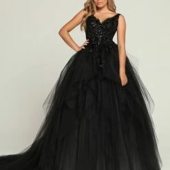 Davinci Bridal 50681 Black Lace Sequin Wedding Dress Ballgown Layer Gown Train V Neck Ballgown Dresses