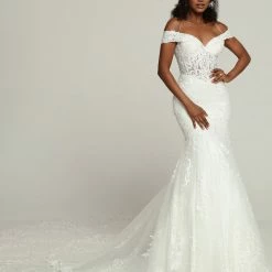 Davinci Bridal 50686 Sheer Beaded Off The Shoulder Mermaid Wedding Dress Bridal Gown Train