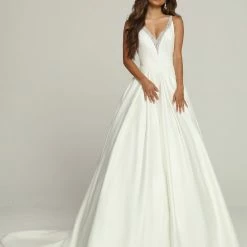Ballgown Dresses Davinci Bridal 50690 Satin A Line Ballgown Wedding Dress Sheer Rhinestone V Neck Bridal Gown