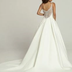Ballgown Dresses Davinci Bridal 50690 Satin A Line Ballgown Wedding Dress Sheer Rhinestone V Neck Bridal Gown