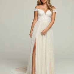 Davinci Bridal 50693 Long Lace A Line Off The Shoulder Boho Wedding Dress Maxi Slit Bridal Gown