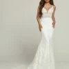 Mermaid Dresses Davinci Bridal 50700 Long Sheer Lace V Neck Wedding Dress Flare Bridal Gown Cutout Back