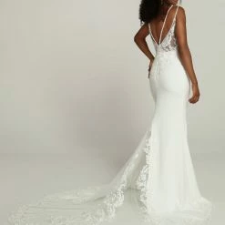 Davinci Bridal 50708 Fitted Satin Lace Wedding Dress Sheer Train Bridal Gown Beaded