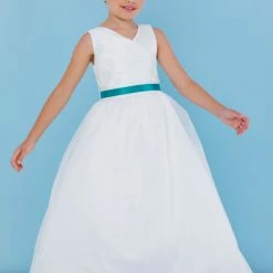 Rosebuds 5111 Long V Neck Flower Girl Dress Ribbon First Communion Long Sleeve Dresses