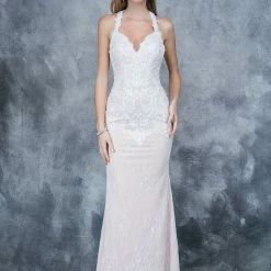 In Stock Nina Canacci 5116 Size 4 Long Lace Fitted Wedding Dresss Racer Back Halter Gown
