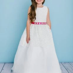 Rosebuds 5125 Tea Length Lace Flower Girl Dress Embellished Ribbon Sash