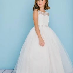 Rosebuds 5129 Long Tulle Flower Girl Ballgown Dress Lace Bodice Belt Ballgown Dresses