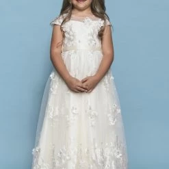 Rosebuds 5137 Long Sheer Cap Sleeve Flower Girl Dress Floral Applique