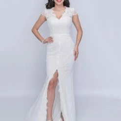 In Stock Nina Canacci 5139 Size 14 Long Lace Slit Cap Sleeve Formal Wedding Dress Ivory Size 10, 12, 14 Long Sleeve Dresses