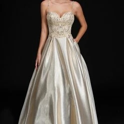 Discontinued Nina Canacci 5145 Gold Metallic Shimmer Ballgown Prom Dress Evening Gown Embellished Ballgown Dresses
