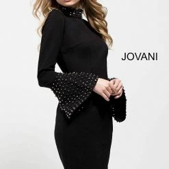 Discontinued Jovani 51675 Short Fitted Dress With Embellished High Collar Neckline And Embellished Bell Sleeves In Black