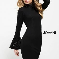 Discontinued Jovani 51675 Short Fitted Dress With Embellished High Collar Neckline And Embellished Bell Sleeves In Black