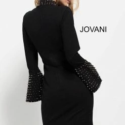 Discontinued Jovani 51675 Short Fitted Dress With Embellished High Collar Neckline And Embellished Bell Sleeves In Black