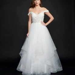 Ballgown Dresses Nina Canacci 5205 Long Sheer Ruffle Ballgown Prom Dress Off The Shoulder Bridal Gown