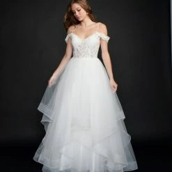 In Stock Nina Canacci 5205 Size 4 Long Sheer Ruffle Ballgown Prom Dress Off The Shoulder Bridal Gown