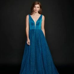 Nina Canacci 5208 Long Ballgown Prom Pageant Gown Shimmer Dress V Neck