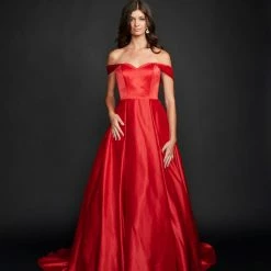 In Stock Nina Canacci 5214 Size 12,14,16,20 Long Satin Off The Shoulder Ballgown Prom Dress Pageant Gown Pockets Ballgown Dresses