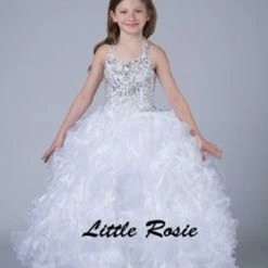 In Stock Ballgown Dresses Little Rosie 2084 Size 6 White Girls Long Ruffle Pageant Dress Glitz Halter Ballgown