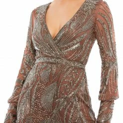 Long Sleeve Dresses Mac Duggal 5295 Long Sleeve Beaded Cocktail Dress Formal Mother Of Knee Length