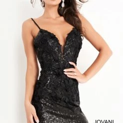 Jovani 05282 Short Fitted Backless Cocktail Dress Floral Appliques Sequin Gown