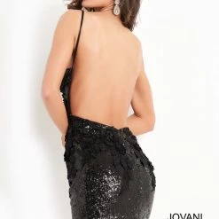 In Stock Backless Dresses Jovani 05282 Size 6 Black Short Fitted Backless Cocktail Dress Floral Appliques Sequin Gown