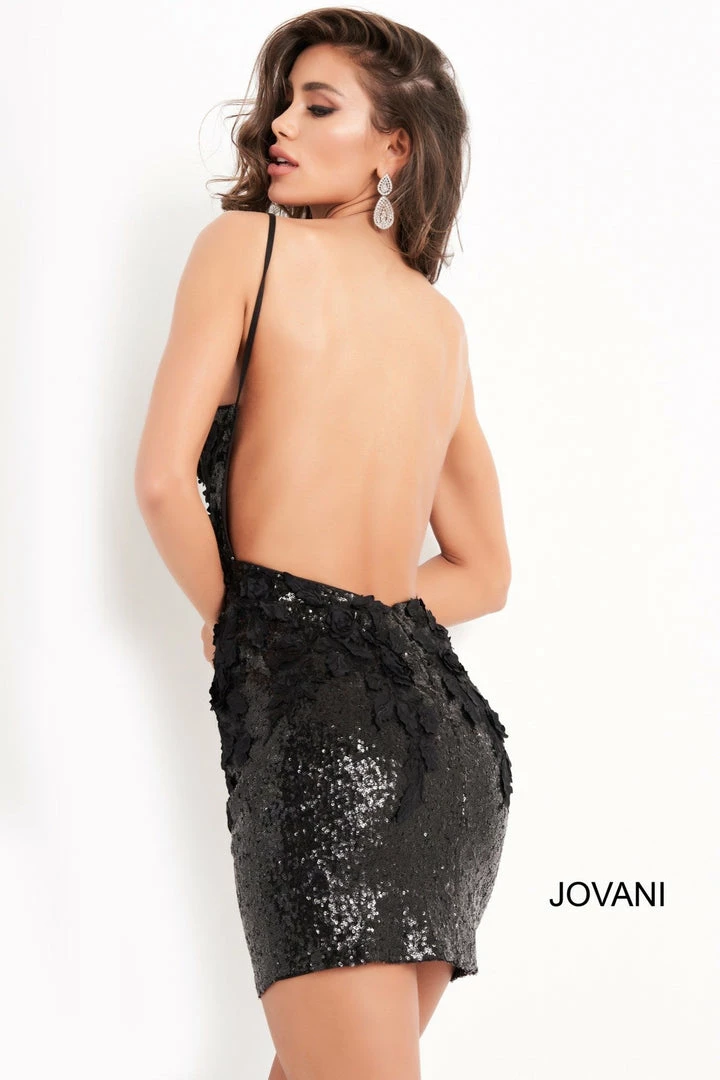 In Stock Backless Dresses Jovani 05282 Size 6 Black Short Fitted Backless Cocktail Dress Floral Appliques Sequin Gown 4 In Stock Backless Dresses Jovani 05282 Size 6 Black Short Fitted Backless Cocktail Dress Floral Appliques Sequin Gown