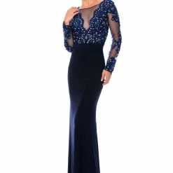 In Stock Precious Formals 53005 Navy Size 14 Long Sheer Lace Evening Dress Prom Backless Backless Dresses