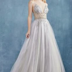 In Stock Ballgown Dresses Andrea & Leo OPHELIA A0672 Size 10 Long Shimmer Maxi Slit Sheer Formal Dress A Line Beaded